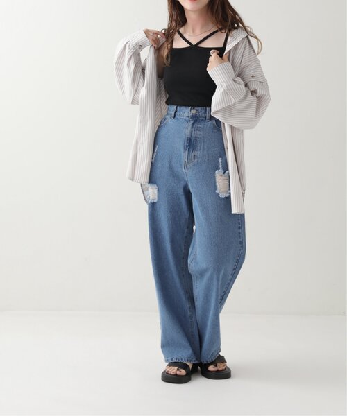 RAY CASSIN(レイカズン)の「ダメージイージーデニム(デニムパンツ・レディース・ベージュ/ネイビー/ブルー・FREE)」の20枚目の写真