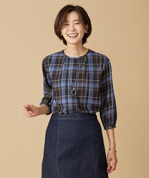 【洗える】 ハイツイストチェック ノーカラー ブラウス