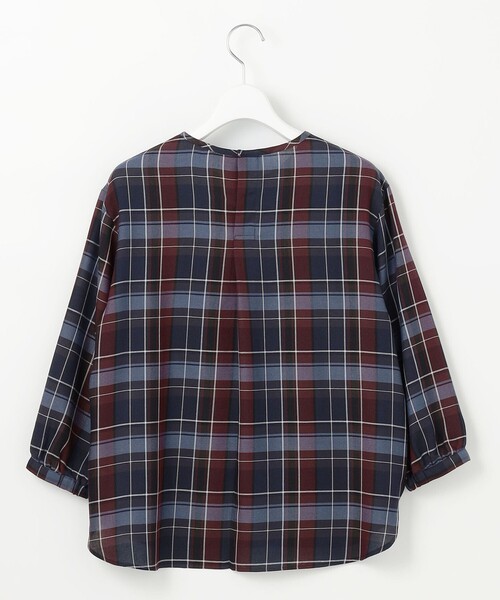 J.PRESS(ジェイプレス)の「【洗える】 ハイツイストチェック ノーカラー ブラウス(シャツ/ブラウス・レディース・ネイビー系3/ブラウン系3・11/9)」の3枚目の写真