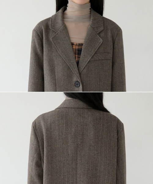 UNE MANSION（ユヌマンション）の「クラシックヘリンボーンブレザージャケット（テーラードジャケット・レディース・ダークベージュ/ブラウン・FREE）」の3枚目の写真