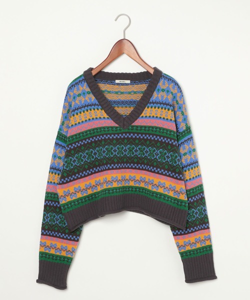 niko and...（ニコアンド）の「ショートVネック地柄プルオーバー（ニット/セーター・レディース・チャコール/アイボリー/ライトブルー・FREE）」の4枚目の写真