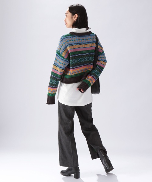 niko and...（ニコアンド）の「ショートVネック地柄プルオーバー（ニット/セーター・レディース・チャコール/アイボリー/ライトブルー・FREE）」の6枚目の写真