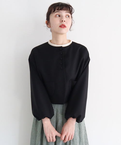 l'atelier du savon（アトリエドサボン）の「ちびころボタン　まるいお袖のジャケット（ノーカラージャケット・レディース・ブラック/グレー・FREE）」の9枚目の写真