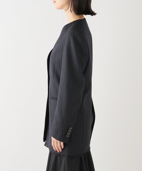 plage プラージュ　ストライプ ノーカラージャケット ネイビー WO SE SH ジャケット（ノーカラージャケット）｜Plage