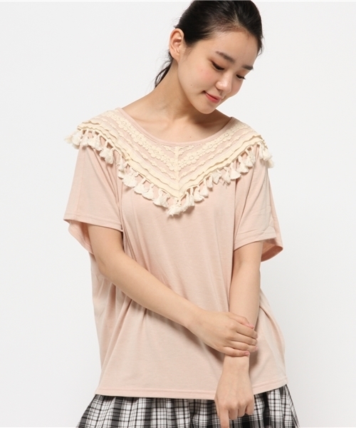 mystic（ミスティック）の「フリンジ切替ティー（Tシャツ/カットソー・レディース・オフホワイト/グレー/ベージュ/ブラック・ﾌﾘ-）」の4枚目の写真