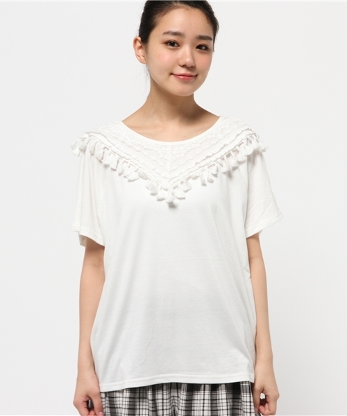 mystic（ミスティック）の「フリンジ切替ティー（Tシャツ/カットソー・レディース・オフホワイト/グレー/ベージュ/ブラック・ﾌﾘ-）」の5枚目の写真