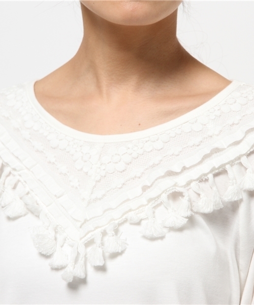 mystic（ミスティック）の「フリンジ切替ティー（Tシャツ/カットソー・レディース・オフホワイト/グレー/ベージュ/ブラック・ﾌﾘ-）」の8枚目の写真