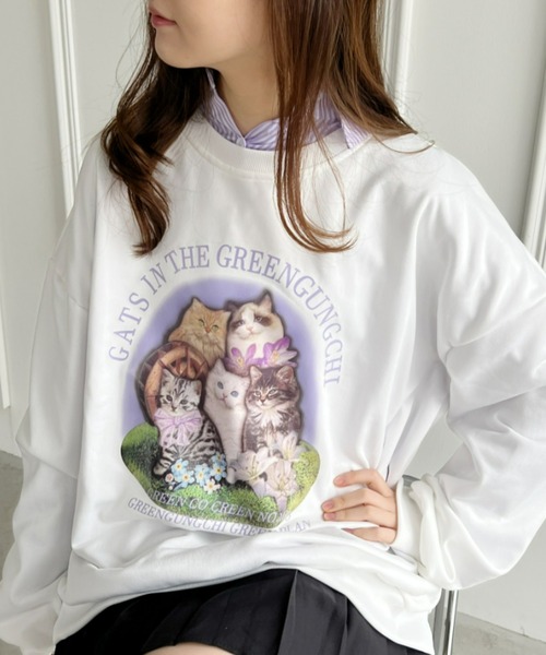 Loueme(ルエム)の「【23S/S 春夏新作】キャットプリントオーバースウェット(スウェット・レディース・ラベンダー/ホワイト/チャコールグレー・FREE)」の1枚目の写真