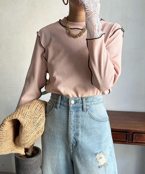 DouDou（ドゥドゥ）の「カフスレースメロートップス（Tシャツ/カットソー・レディース・ブラック/ピンク/グリーン/アイボリー・FREE）」の4枚目の写真