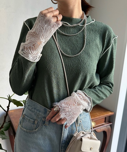 DouDou（ドゥドゥ）の「カフスレースメロートップス（Tシャツ/カットソー・レディース・ブラック/ピンク/グリーン/アイボリー・FREE）」の3枚目の写真
