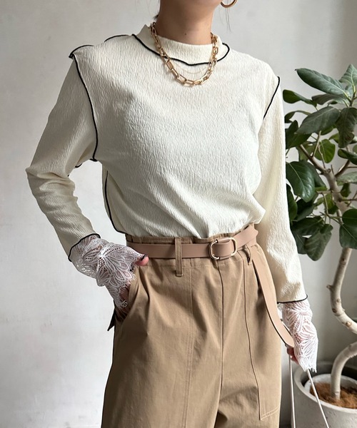 DouDou（ドゥドゥ）の「カフスレースメロートップス（Tシャツ/カットソー・レディース・ブラック/ピンク/グリーン/アイボリー・FREE）」の2枚目の写真