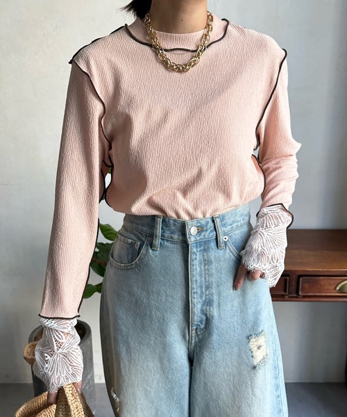 DouDou（ドゥドゥ）の「カフスレースメロートップス（Tシャツ/カットソー・レディース・ブラック/ピンク/グリーン/アイボリー・FREE）」の19枚目の写真