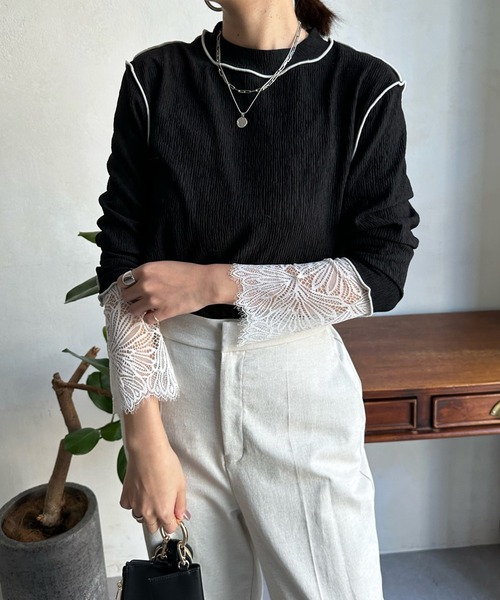 DouDou（ドゥドゥ）の「カフスレースメロートップス（Tシャツ/カットソー・レディース・ブラック/ピンク/グリーン/アイボリー・FREE）」の12枚目の写真
