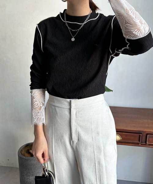 DouDou（ドゥドゥ）の「カフスレースメロートップス（Tシャツ/カットソー・レディース・ブラック/ピンク/グリーン/アイボリー・FREE）」の13枚目の写真