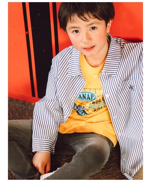 ANAP kids(アナップキッズ)の「ストライプビッグシャツ【親子お揃い】(シャツ/ブラウス・キッズ・ネイビー/ベージュ/グリーン・110cm/120cm/130cm)」の3枚目の写真