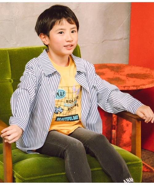 ANAP kids(アナップキッズ)の「ストライプビッグシャツ【親子お揃い】(シャツ/ブラウス・キッズ・ネイビー/ベージュ/グリーン・110cm/120cm/130cm)」の5枚目の写真