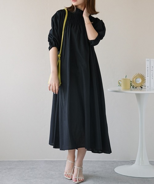 IAMUSE(アイアミューズ)の「リネンタッチ シャーリングパフスリーブワンピース S0908【IAMUSE】(ワンピース・レディース・ブラック・FREE)」の1枚目の写真