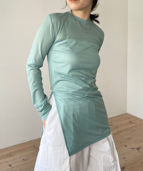wee9s（ウィークス）の「front slit sheer tops / フロントスリットシアートップス（Tシャツ/カットソー・レディース・アイボリー/ミント/ブラック・FREE）」の3枚目の写真