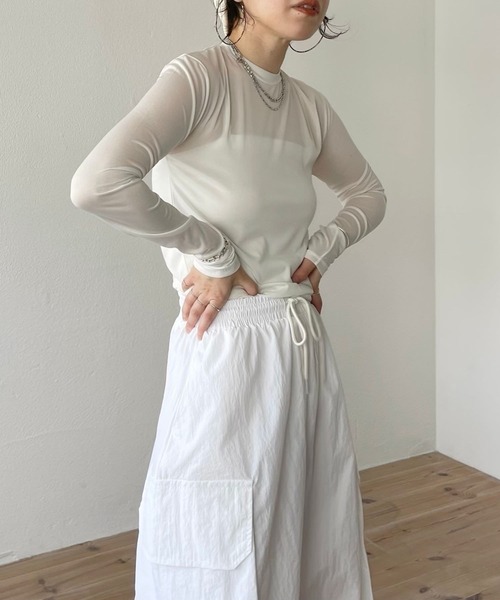 tシャツ ナイロンシアーカットソー / Nylon Sheer Cut and sewn レディース GIUNON tシャツ long sheer tops / ロングシアートップス