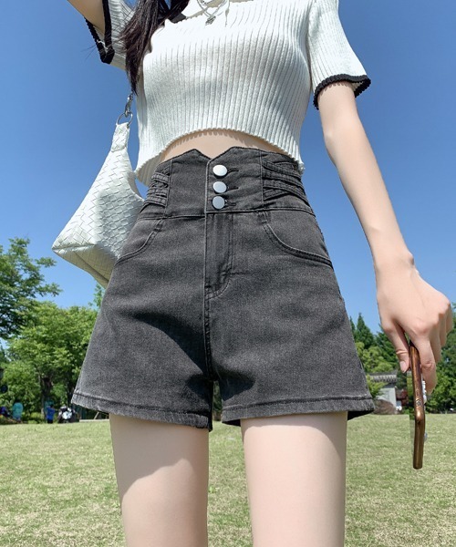 ハイウェストデニムショートパンツ