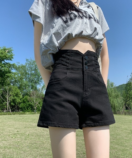 gossip!ロサンゼルス(ゴシップロサンゼルス)の「ハイウェストショートパンツ(デニムパンツ・レディース・ライトブルー/グレー/ブラック・S/M/L)」の2枚目の写真