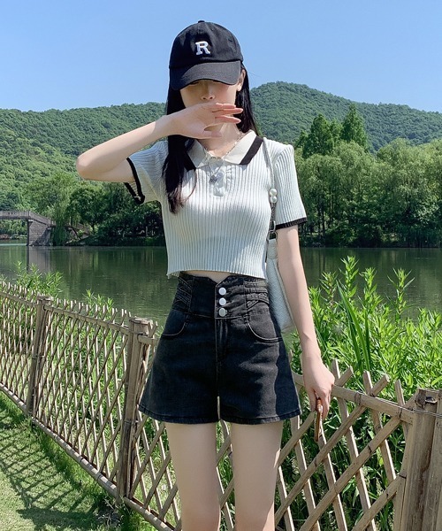gossip!ロサンゼルス(ゴシップロサンゼルス)の「ハイウェストショートパンツ(デニムパンツ・レディース・ライトブルー/グレー/ブラック・S/M/L)」の4枚目の写真