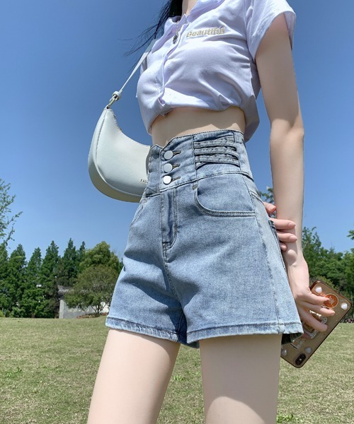 gossip!ロサンゼルス(ゴシップロサンゼルス)の「ハイウェストショートパンツ(デニムパンツ・レディース・ライトブルー/グレー/ブラック・S/M/L)」の10枚目の写真