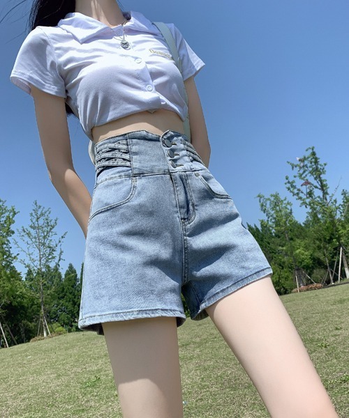 gossip!ロサンゼルス(ゴシップロサンゼルス)の「ハイウェストショートパンツ(デニムパンツ・レディース・ライトブルー/グレー/ブラック・S/M/L)」の11枚目の写真