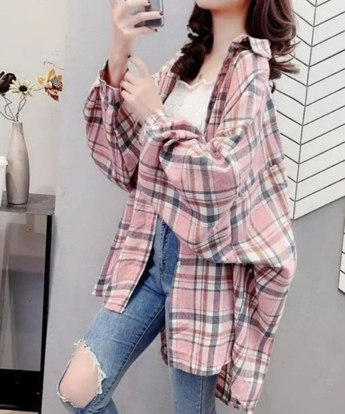 CANVAS+（キャンバスプラス）の「【CANVAS+】ルーズチェックシャツ（シャツ/ブラウス・レディース・ピンク/ブラック/ベージュ/パープル/グリーン/イエロー・M）」の6枚目の写真