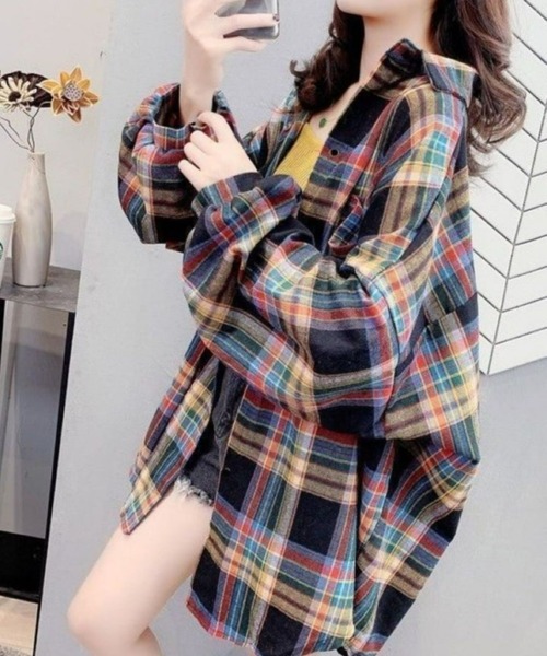 CANVAS+（キャンバスプラス）の「【CANVAS+】ルーズチェックシャツ（シャツ/ブラウス・レディース・ピンク/ブラック/ベージュ/パープル/グリーン/イエロー・M）」の7枚目の写真