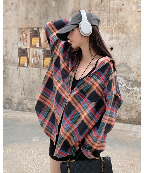 CANVAS+（キャンバスプラス）の「【CANVAS+】ルーズチェックシャツ（シャツ/ブラウス・レディース・ピンク/ブラック/ベージュ/パープル/グリーン/イエロー・M）」の12枚目の写真