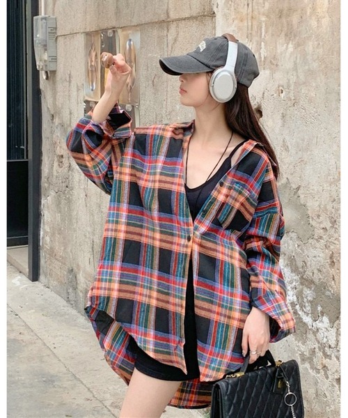 CANVAS+（キャンバスプラス）の「【CANVAS+】ルーズチェックシャツ（シャツ/ブラウス・レディース・ピンク/ブラック/ベージュ/パープル/グリーン/イエロー・M）」の13枚目の写真