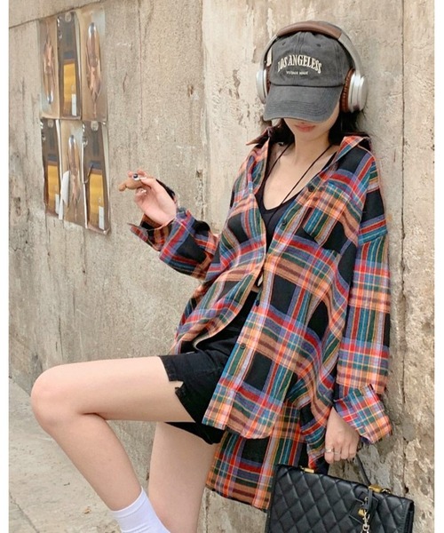 CANVAS+（キャンバスプラス）の「【CANVAS+】ルーズチェックシャツ（シャツ/ブラウス・レディース・ピンク/ブラック/ベージュ/パープル/グリーン/イエロー・M）」の14枚目の写真