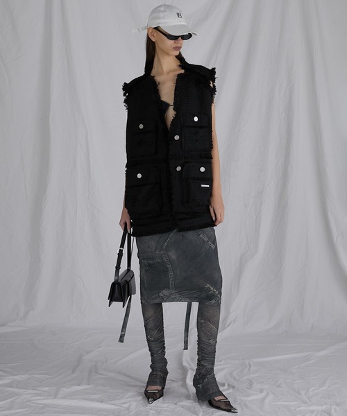 PRANK PROJECT（プランクプロジェクト）の「ダメージフリンジツイードジレ / Damaged Fringe Tweed Gilet（ベスト・レディース・ブラック/グレー/ホワイト・FREE）」の6枚目の写真
