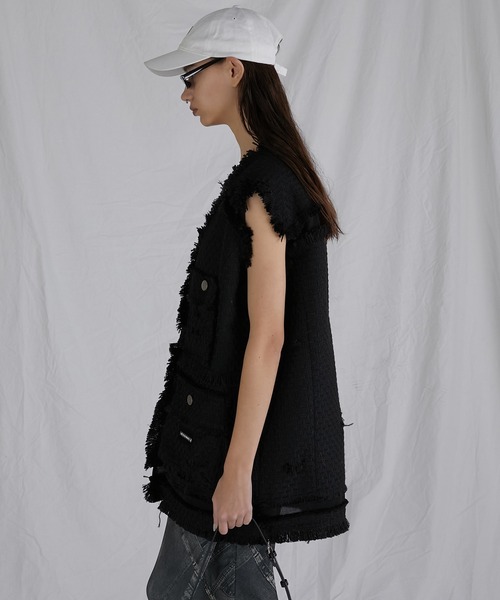 PRANK PROJECT（プランクプロジェクト）の「ダメージフリンジツイードジレ / Damaged Fringe Tweed Gilet（ベスト・レディース・ブラック/グレー/ホワイト・FREE）」の16枚目の写真
