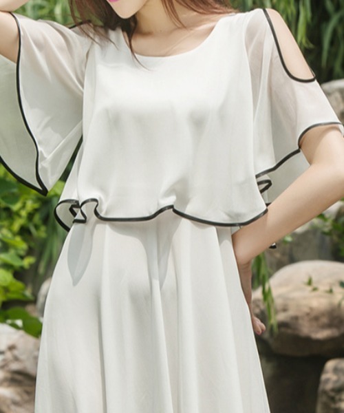 肩開き配色バインダードッキング風ワンピ（Tシャツ/カットソー）｜deux amour（ドゥーザムール）