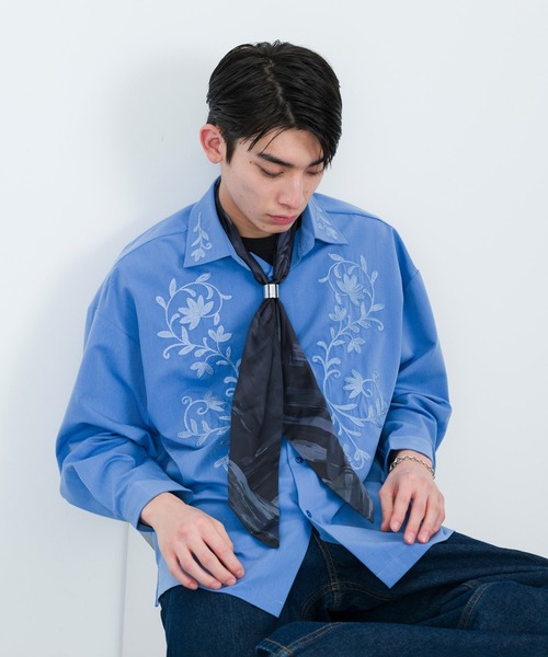 デザインシャツ　レギュラーカラー　刺繍　レッド　ブラック　LL　ビッグシルエット シャツ グラフィック背中刺繍シャツ メンズ レディース ユニセックス⁄長袖レギュラーカラーシャツ メンズ レディース