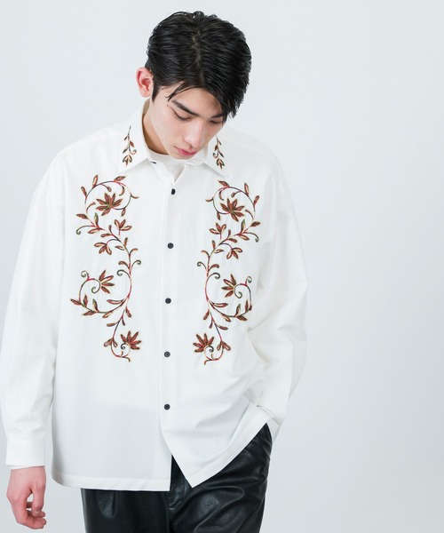 デザインシャツ　レギュラーカラー　刺繍　レッド　ブラック　LL　ビッグシルエット シャツ グラフィック背中刺繍シャツ メンズ レディース ユニセックス⁄長袖レギュラーカラーシャツ メンズ レディース