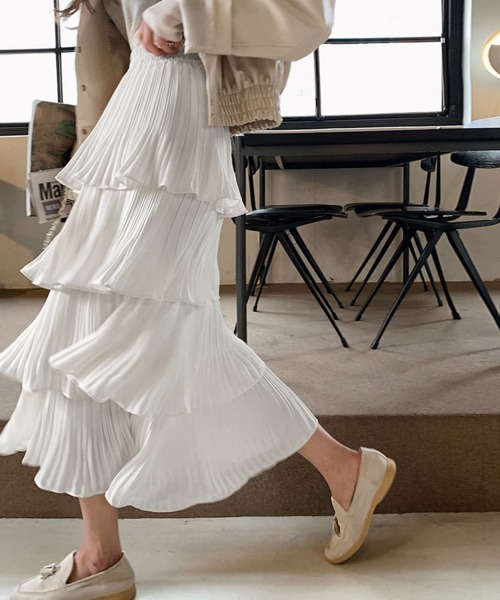 Miniministore（ミニミニストア）の「ティアードスカート プリーツ 韓国 春夏（スカート・レディース・ブラック/ホワイト/イエロー/グリーン/パープル・FREE）」の2枚目の写真