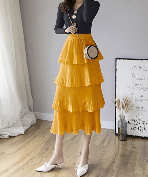 Miniministore（ミニミニストア）の「ティアードスカート プリーツ 韓国 春夏（スカート・レディース・ブラック/ホワイト/イエロー/グリーン/パープル・FREE）」の6枚目の写真