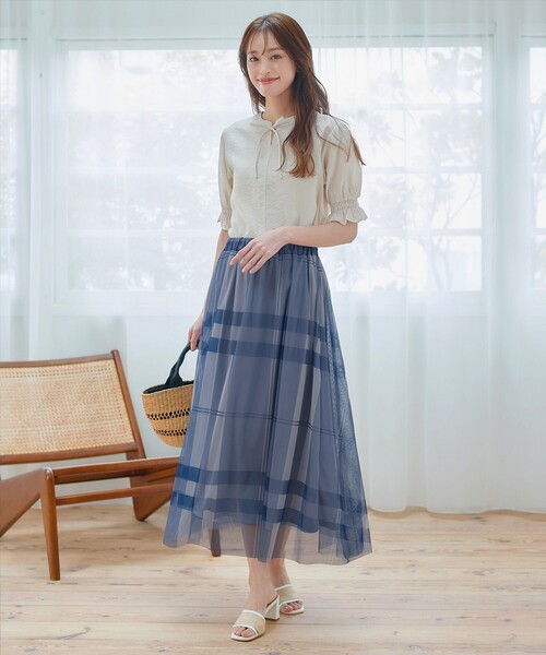 Tiaclasse（ティアクラッセ）の「チュールレースチェックスカート（スカート・レディース・アイボリー/ブラック/ブルー・L/M）」の7枚目の写真