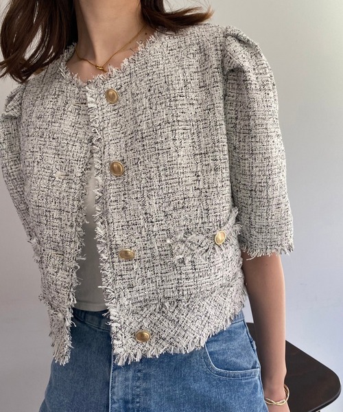 one after another NICE CLAUP(ワンアフターアナザーナイスクラップ)の「【高見え】半袖ツイードジャケット/WEB限定カラーあり(テーラードジャケット・レディース・ブラック系その他/アイボリー/ピンク/ミント・FREE)」の13枚目の写真