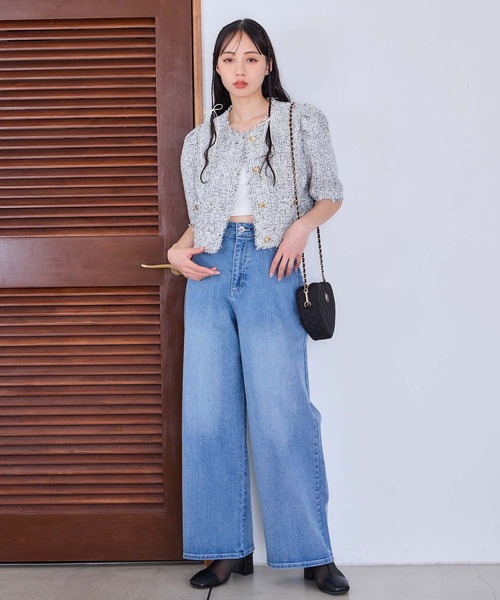 美品♡ルネ 36 ツイードジャケット　ブルーネイビー系 Rene ルネ ノーカラー ツイード ジャケット マリアケント ブルー