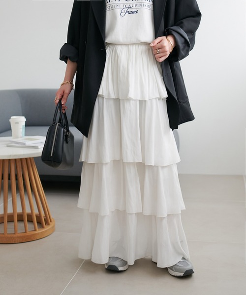 DISCOAT（ディスコート）の「【WEB限定】細見えティアードスカート（スカート・レディース・ブラック/オフホワイト/ライトグレー・FREE）」の4枚目の写真