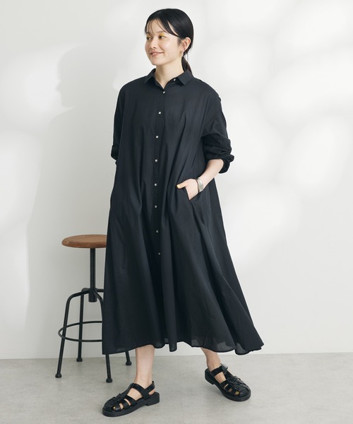 CRAFT STANDARD BOUTIQUE(クラフトスタンダードブティック)の「インド綿Aラインシャツワンピース(シャツワンピース・レディース・オフホワイト/ブラック/サックスブルー・FREE)」の2枚目の写真