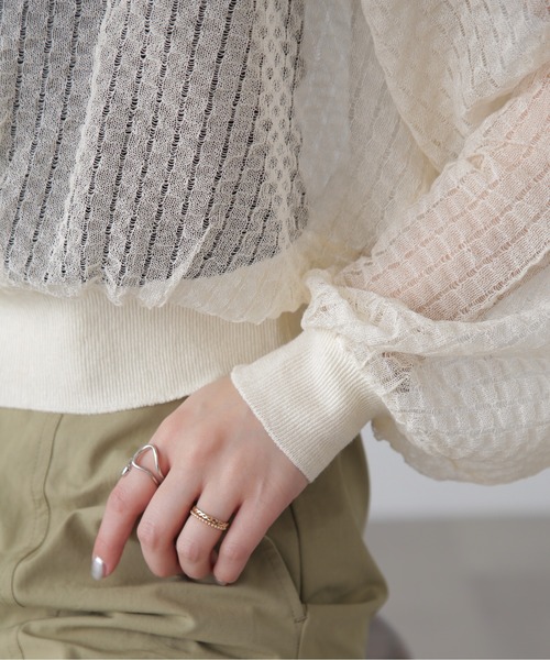 FREE'S MART（フリーズマート）の「前後2WAYシアーチェックボリュームスリーブカーディガン（カーディガン/ボレロ・レディース・ブラック/ホワイト/グリーン・FREE）」の18枚目の写真