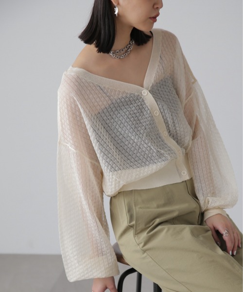 FREE'S MART（フリーズマート）の「前後2WAYシアーチェックボリュームスリーブカーディガン（カーディガン/ボレロ・レディース・ブラック/ホワイト/グリーン・FREE）」の5枚目の写真