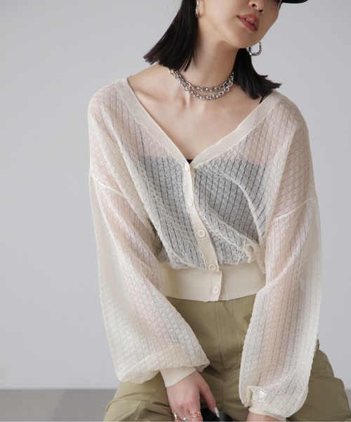 FREE'S MART（フリーズマート）の「前後2WAYシアーチェックボリュームスリーブカーディガン（カーディガン/ボレロ・レディース・ブラック/ホワイト/グリーン・FREE）」の7枚目の写真