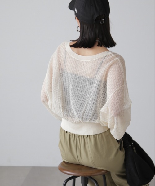 FREE'S MART（フリーズマート）の「前後2WAYシアーチェックボリュームスリーブカーディガン（カーディガン/ボレロ・レディース・ブラック/ホワイト/グリーン・FREE）」の10枚目の写真