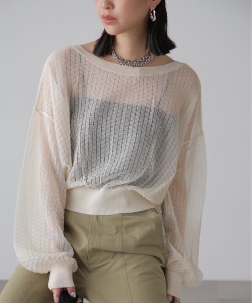 FREE'S MART（フリーズマート）の「前後2WAYシアーチェックボリュームスリーブカーディガン（カーディガン/ボレロ・レディース・ブラック/ホワイト/グリーン・FREE）」の4枚目の写真